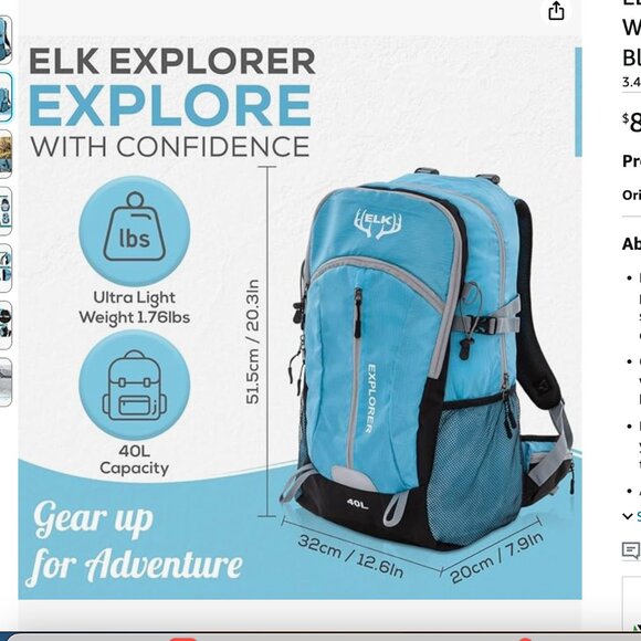 Elk 40L Hiking Backpack, Lightweight Waterproof Daypack With Rain Cover. NEW main image 5